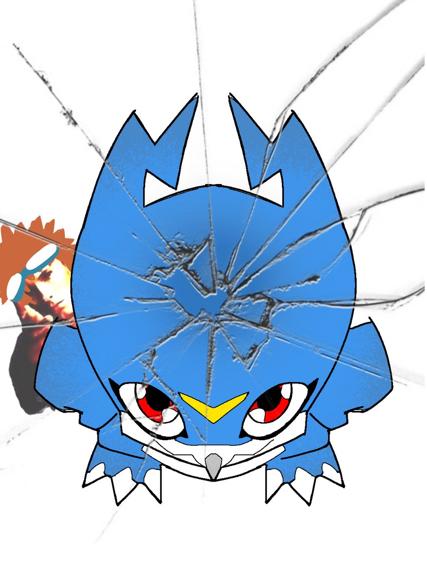 anthro blue_body cracked_screen duo humor male red_eyes hidakka bandai_namco digimon eminem eminem_throw woe_plague_be_upon_ye davis_motomiya digimon_(species) human mammal scalie veemon 3:4 hi_res meme