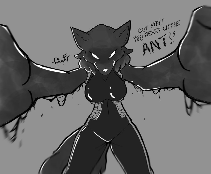 angry anthro black_body clothing dialogue dripping female first_person_view goopy hair latex reflective_body short_hair slime smile smirk solo tight_clothing gwf epic_games fortnite chaos_director_(fortnite) canid canine fox mammal absurd_res hi_res monochrome
