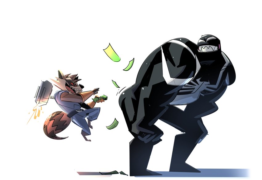 anthro black_body brown_body brown_fur butt duo fur grin jet_pack making_it_rain male male/male money muscular muscular_male pecs size_difference smile twerking galanartworks guardians_of_the_galaxy marvel marvel_rivals rocket_raccoon venom_(marvel) mammal procyonid raccoon absurd_res hi_res