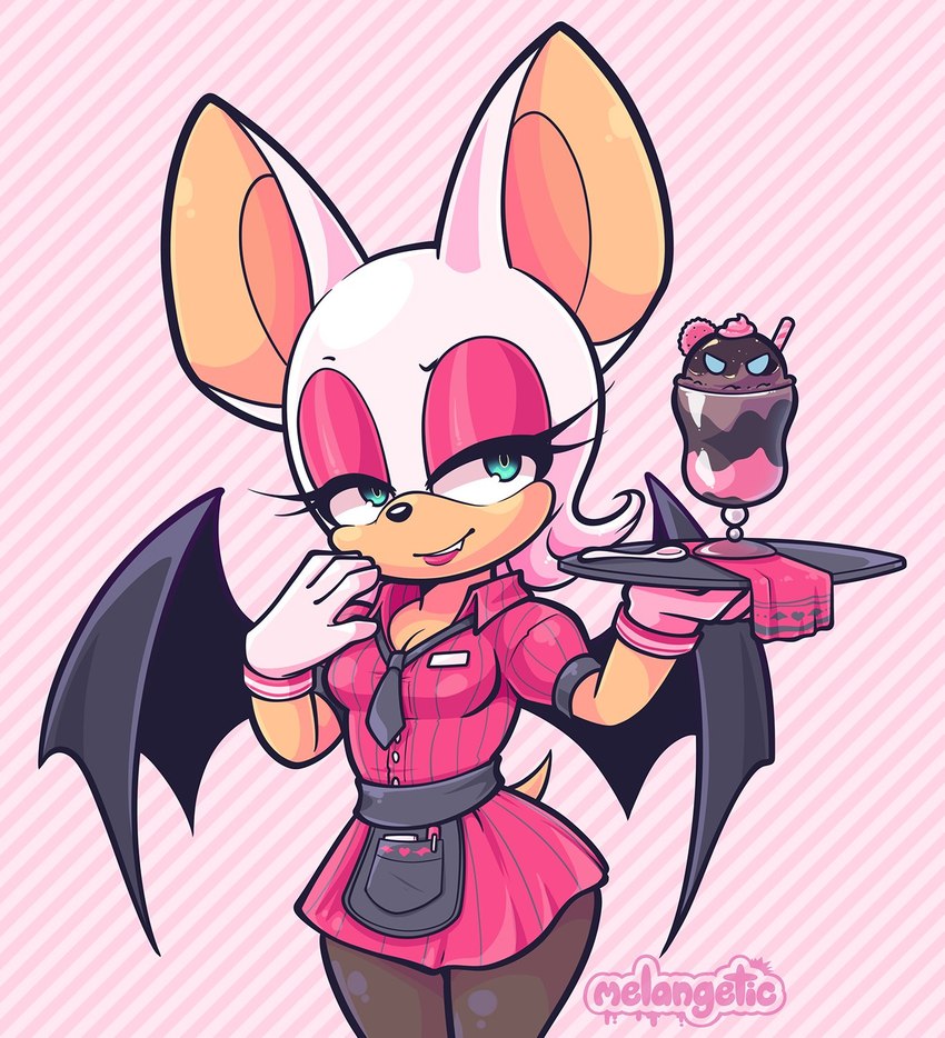 anthro bat_wings breasts cleavage clothed clothing dessert eyeshadow female food fur green_eyes ice_cream legwear lipstick makeup membrane_(anatomy) membranous_wings narrowed_eyes solo tan_body tan_skin teeth white_body white_fur wings melangetic sega sonic_the_hedgehog_(series) rouge_the_bat bat mammal hi_res signature