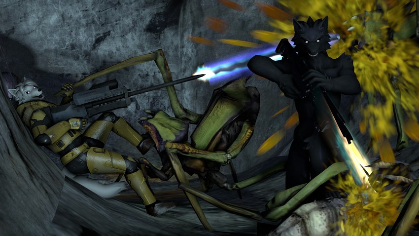 anthro armor black_body black_sclera cave female fight green_goo group gun hev_suit male ranged_weapon weapon white_body wolfikous half-life petruz_(copyright) valve wolf_(petruz) antlion_(half-life) arthropod canid canine canis mammal wolf 16:9 3d_(artwork) digital_media_(artwork) hi_res source_filmmaker_(artwork) widescreen