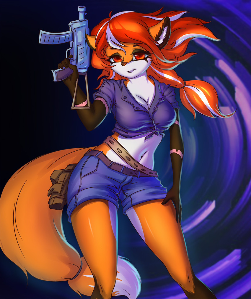 anthro belt blue_bottomwear blue_clothing blue_shorts bottomwear breasts cleavage clothed clothing countershade_face countershade_fur countershade_legs countershade_neck countershade_thighs countershade_torso countershading dipstick_tail female front_view fur gun hair holding_gun holding_object holding_ranged_weapon holding_weapon markings multicolored_hair navel orange_body orange_eyes orange_fur orange_hair pose purple_clothing purple_topwear ranged_weapon shirt shorts solo standing tail tail_markings tied_shirt topwear two_tone_hair weapon white_body white_countershading white_fur white_hair white_tail_tip prisma6 canid canine fox mammal digital_drawing_(artwork) digital_media_(artwork) hi_res pinup