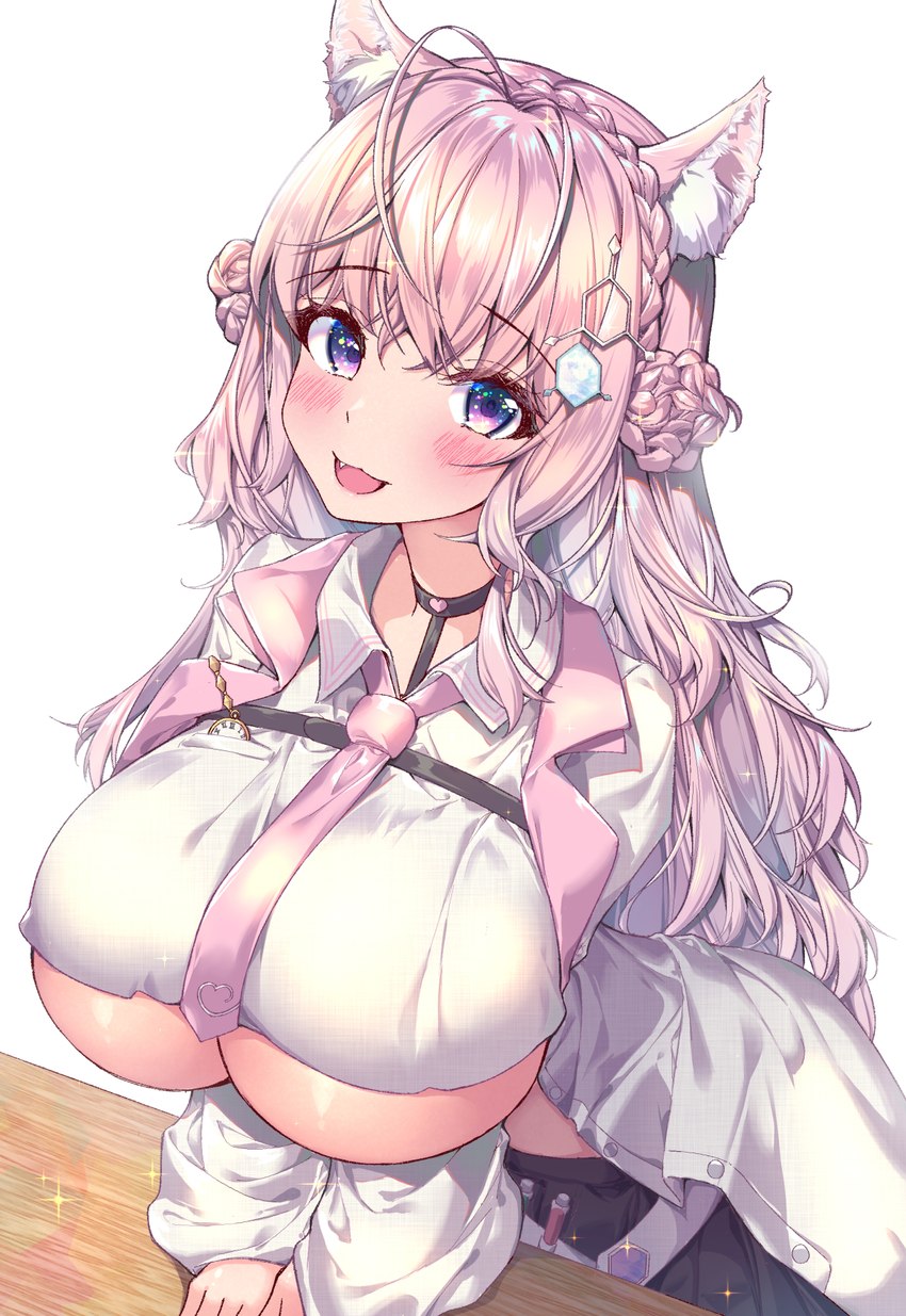 accessory big_breasts blush blush_lines bottomwear breasts clothing coat fangs female furniture hair hair_accessory huge_breasts lab_coat long_hair looking_at_viewer necktie open_mouth open_smile pink_hair purple_eyes simple_background skirt smile solo sparkles table teeth topwear under_boob vial sao73cat hololive vtuber koyori_hakui animal_humanoid canid canid_humanoid canine canine_humanoid coyote_humanoid humanoid mammal mammal_humanoid hi_res