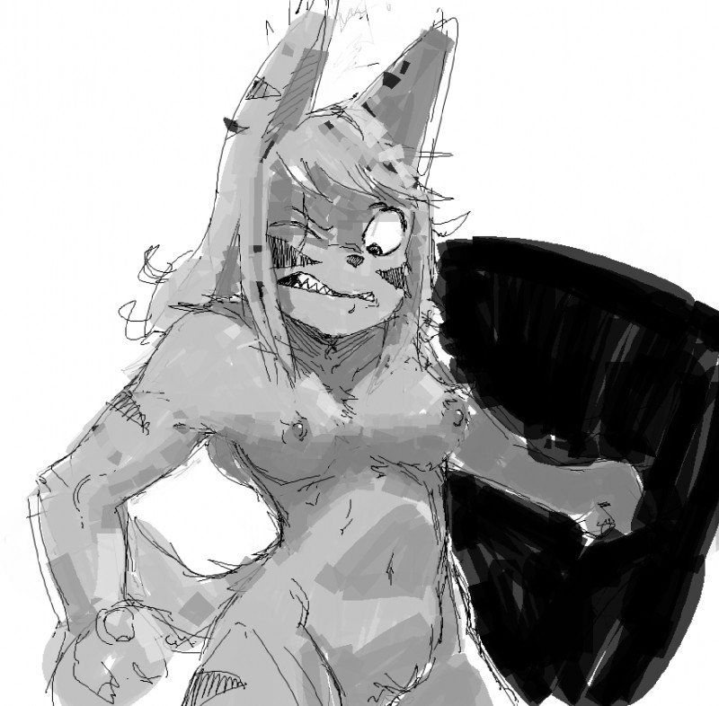 embarrassed female fur long_ears navel nude scar sharp_teeth shield simple_background solo striped_body striped_fur stripes surprise teeth upset smekbo latchkey_kingdom min-a nu-ray yuman monochrome