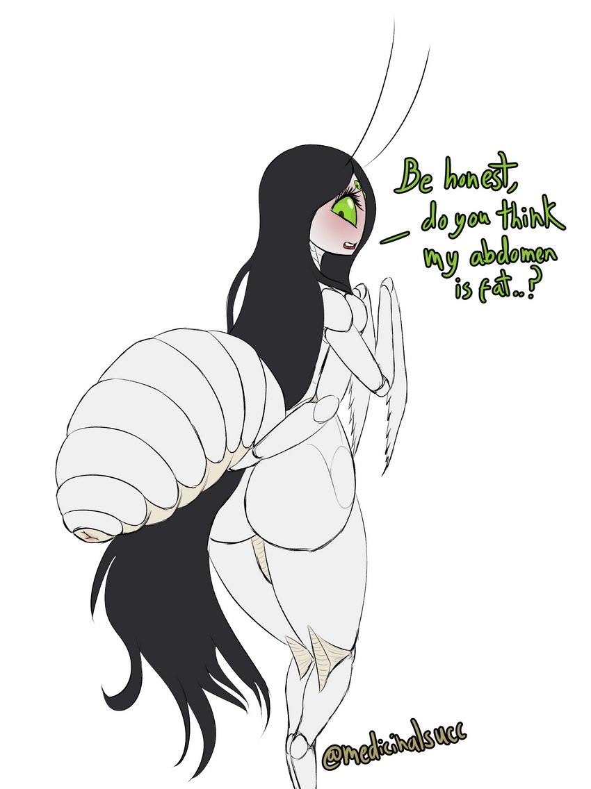 antennae_(anatomy) arthropod_abdomen black_hair butt dialogue female green_eyes hair long_hair multi_arm multi_limb nervous noseless ovipositor solo medicinal_succ cira_(medicinalsucc) arthropod flower_mantis humanoid insect mantis orchid_mantis absurd_res hi_res