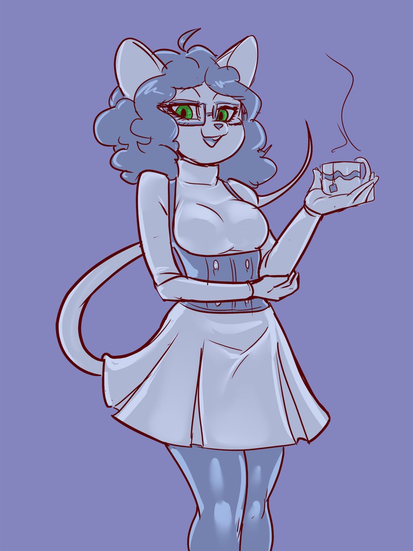 anthro breasts clothing container cup dress eyewear female glasses green_eyes holding_container holding_cup holding_object holding_tea_cup looking_at_viewer open_mouth simple_background smile solo tea_cup general-irrelevant mice_tea margaret_de_campos mammal mouse murid murine rodent 3:4 digital_media_(artwork) hi_res