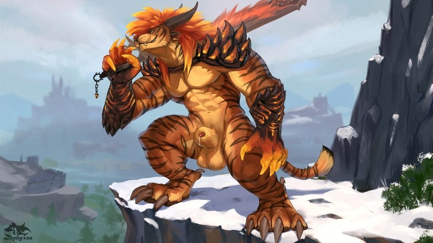 4_horns animal_genitalia anthro armor balls biped bodily_fluids brown_body brown_fur claws clothing detailed_background digitigrade dripping finger_claws fur gauntlets genital_fluids genitals gloves hair handwear holding_melee_weapon holding_object holding_sword holding_weapon horn looking_at_viewer male male_anthro melee_weapon multi_horn orange_hair outside pauldron paws penis penis_tip precum precum_drip sheath smile smiling_at_viewer solo striped_body striped_fur stripes sword tail tail_tuft tan_body tan_fur toe_claws tuft unconvincing_armor weapon zephyxus guild_wars charr felid mammal 16:9 2025 digital_media_(artwork) widescreen