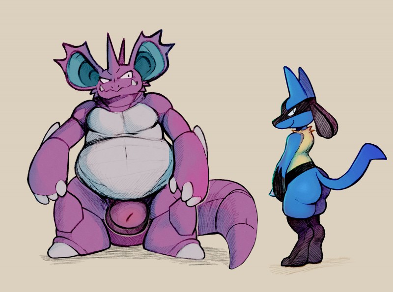 ambiguous_gender animal_genitalia anthro balls bell belly big_belly big_sheath blue_body blue_fur butt claws duo fully_sheathed fur genitals looking_back male male/ambiguous overweight overweight_male purple_balls purple_sheath red_eyes sheath simple_background size_difference smile standing daftpatriot nintendo pokemon canid canine generation_1_pokemon generation_4_pokemon lucario mammal nidoking pokemon_(species) reptile scalie hi_res