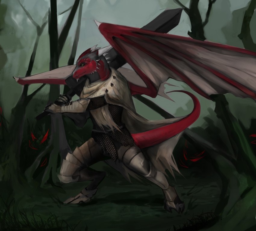 anthro armor big_sword big_wings biped cheek_spikes chin_spikes facial_spikes forest forest_background grass grey_body grey_scales holding_melee_weapon holding_object holding_sword holding_weapon horn huge_sword male melee_weapon membrane_(anatomy) nature nature_background plant red_body red_scales red_tail red_wings scales solo spikes spikes_(anatomy) standing sword tail tan_membrane tree weapon white_horn wings akrolayn european_mythology mythology dragon mythological_creature mythological_scalie scalie western_dragon 2015 digital_media_(artwork) digital_painting_(artwork) full-length_portrait portrait