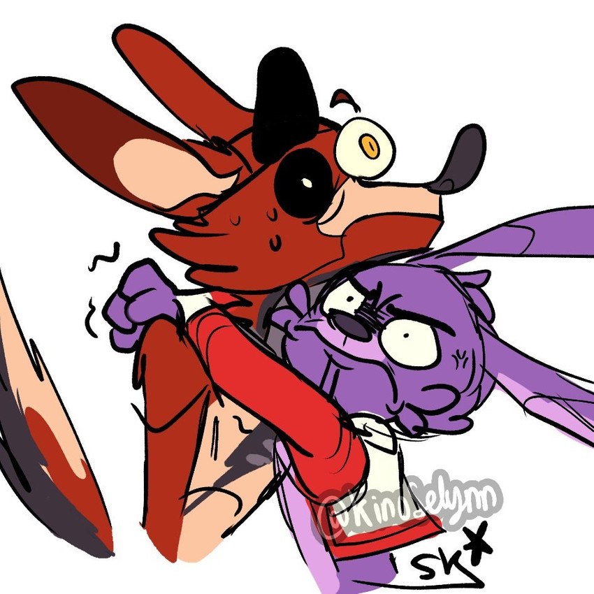 angry anthro black_nose bodily_fluids cheek_tuft duo eye_patch eyebrows eyewear facial_tuft fur gesture head_tuft hug long_ears machine male purple_body purple_fur sweat tail tail_boner tail_gesture tuft white_eyes kinoselynn five_nights_at_freddy's scottgames bonnie_(fnaf) foxy_(fnaf) animatronic canid canine fox lagomorph leporid mammal rabbit robot 1:1 2020