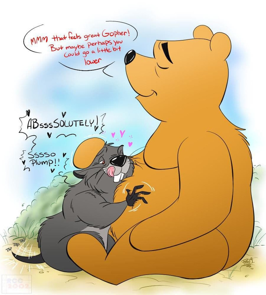 anthro belly_rub dialogue duo happy heart_symbol licking licking_lips male male/male nude overweight tail tail_motion tailwag text tongue tongue_out rcc2002 disney winnie_the_pooh_(franchise) gopher_(winnie_the_pooh) pooh_bear bear gopher mammal rodent english_text