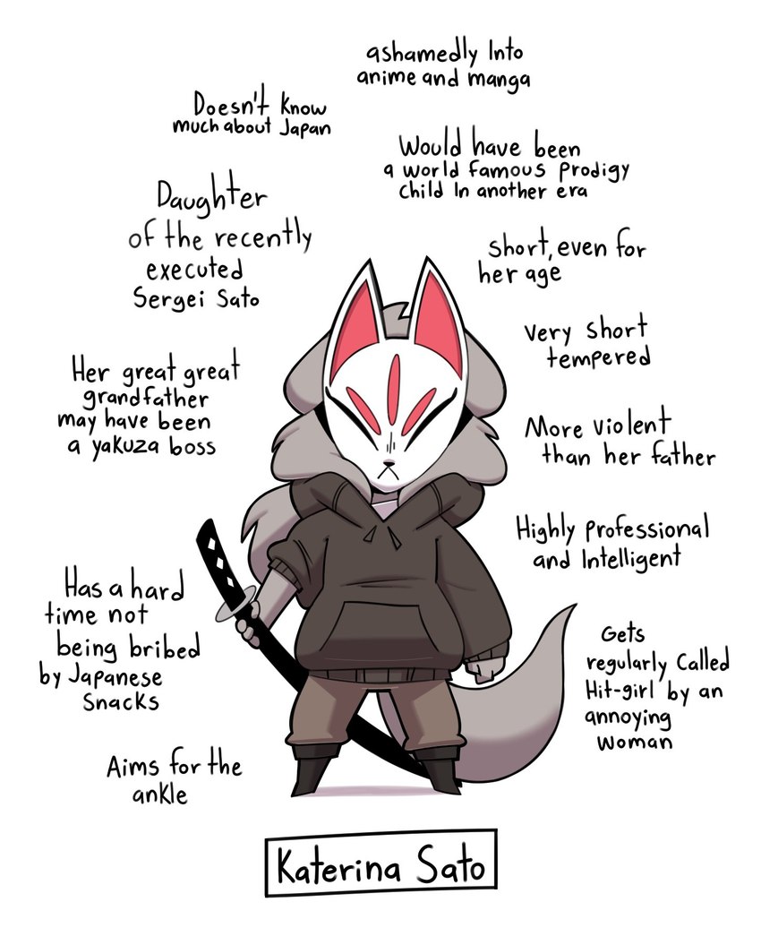 animal_mask anthro black_boots black_clothing black_footwear boots clothing drawstring drawstring_topwear female female_anthro fluffy fluffy_tail footwear fox_mask fox_tail front_view fur grey_body grey_fur hair holding_melee_weapon holding_object holding_sword holding_weapon hoodie katana long_hair mask melee_weapon orphan scabbard shoes solo sword tail text topwear weapon young young_anthro young_female maddeku gata_the_future_russian_kitty katerina_sato canid canine fox mammal 2025 character_name colored english_description english_text full-length_portrait hi_res portrait
