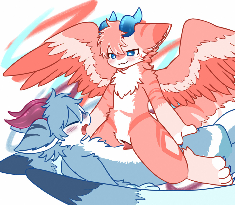 animal_genitalia animal_penis anthro aroused big_tail blue_body blue_eyes blue_fur blue_horn blush blush_lines claws duo ear_markings ear_stripes ears_back eyes_closed facial_markings fluffy fluffy_tail fur fur_markings genital_slit genitals head_markings horn inner_ear_fluff looking_at_another looking_at_partner looking_pleasured lying male male/male markings narrowed_eyes on_back on_top open_mouth paws penetration penile penile_penetration penis pink_body pink_fur pivoted_ears seductive sex slit_penetration slit_play smile spiked_tail spikes spikes_(anatomy) spread_wings striped_body striped_fur striped_markings striped_tail stripes tail tail_markings tan_body tan_fur tuft white_body white_fur wings squishycatpaw mythology amiri_(nonbiamiri) dragon furred_dragon furred_scalie mythological_creature mythological_scalie scalie hi_res