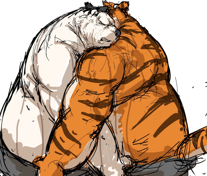 anthro black_bottomwear black_clothing black_hair black_pants bodily_fluids bottomwear clothed clothing duo fight fur hair kemono male male/male orange_body orange_fur overweight overweight_male pants stripes sumo sweat topless white_body white_fur kotobuki mihoyo zenless_zone_zero nitro_fuel_bear nitro_fuel_tiger bear felid mammal pantherine polar_bear tiger ursine 2024 hi_res