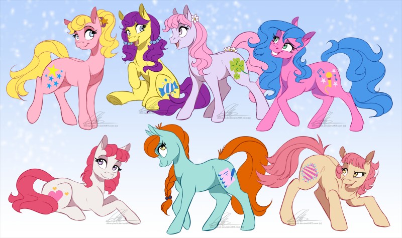 female feral group happy pre-g4 smile dvixie hasbro mlp_g1 my_little_pony my_little_pony_tales bonbon_(mlpt) bright_eyes_(mlp) clover_(mlp) melody_(mlp) patch_(mlp) starlight_(mlpt) sweetheart_(mlp) earth_pony equid equine horse mammal pony 2015 hi_res