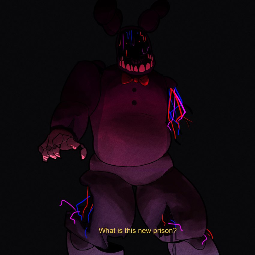 anthro black_background bow_tie fake_screencap horror_(theme) machine male purple_body red_bow_tie red_eyes simple_background slightly_chubby solo standing teeth text wire yellow_text melaisen five_nights_at_freddy's five_nights_at_freddy's_2 scottgames withered_bonnie_(fnaf) animatronic lagomorph leporid mammal rabbit robot 1:1 2021 absurd_res digital_drawing_(artwork) digital_media_(artwork) hi_res portrait three-quarter_portrait