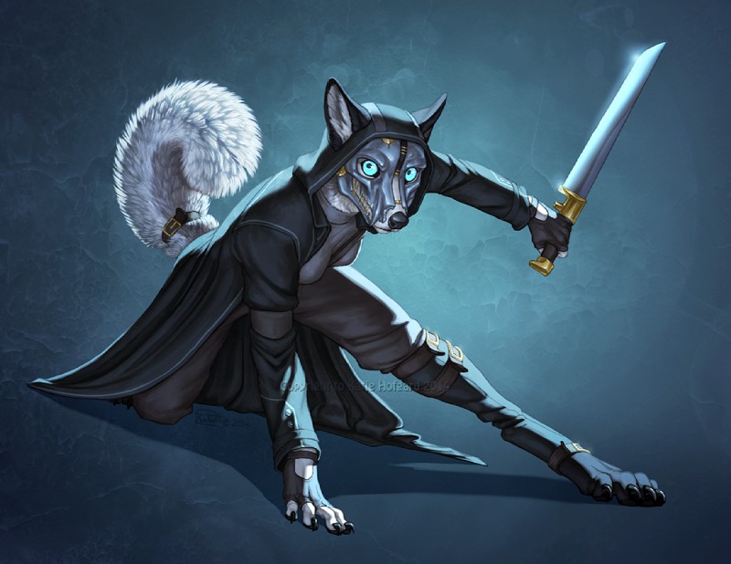 4_toes 5_fingers anthro blue_eyes breasts claws clothed clothing feet female fingerless_gloves fingers gloves handwear holding_melee_weapon holding_object holding_sword holding_weapon mask melee_weapon solo sword toes weapon katie_hofgard arkane_studios dishonored microsoft corvo_attano canid canine canis domestic_dog husky mammal nordic_sled_dog spitz 2014 digital_media_(artwork) signature watermark