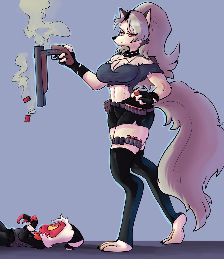 ammo_belt anthro big_breasts black_bottomwear black_clothing black_footwear black_shorts black_socks bottomwear break_action break_action_shotgun breasts clothed clothing collar crop_top double_barrel_shotgun duo female footwear fur gun hair holding_gun holding_object holding_ranged_weapon holding_shotgun holding_weapon horn legwear long_hair male midriff ranged_weapon red_body red_eyes red_sclera red_skin sawed-off_shotgun shell_(projectile) shell_casing shirt shorts shotgun shotgun_shell simple_background smoke socks soft_abs spiked_collar spikes tail thigh_highs toeless_legwear topwear weapon white_body white_fur wooden_grip thedarkzircon helluva_boss mythology loona_(helluva_boss) moxxie_(helluva_boss) canid canid_demon canine demon hellhound imp mammal mythological_canine mythological_creature hi_res