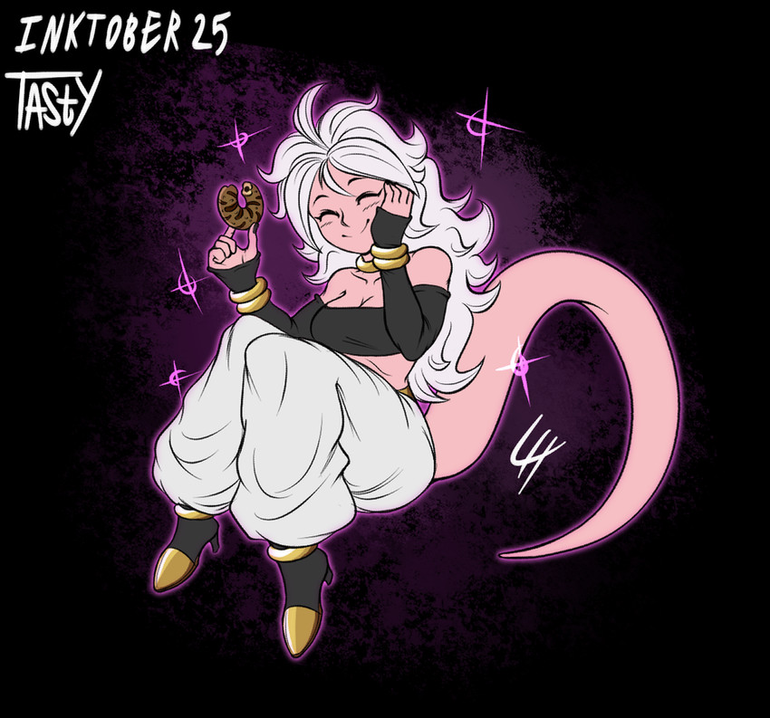 5_fingers andoid_21 bracelet breasts cleavage clothed clothing dessert doughnut eyelashes female fingers food footwear hair happy holding_object jewelry long_hair not_furry pastry pink_body pink_skin shoes smile solo white_hair limehazard dragon_ball dragon_ball_fighterz majin_android_21 alien alien_humanoid humanoid majin 2019