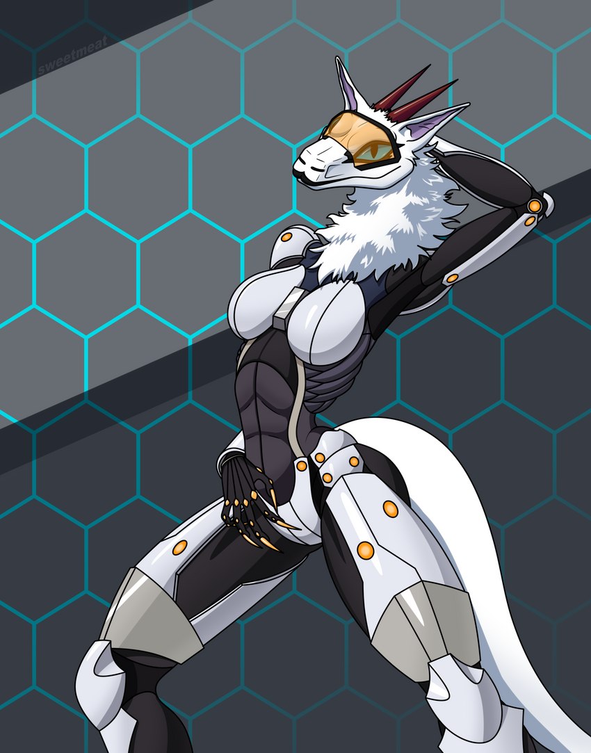 anthro biped black_lips blue_eyes clothing colored_nails costume cybernetics female fur futuristic futuristic_suit lips machine nails simple_background solo white_body sweetmeat cyborg synx hi_res