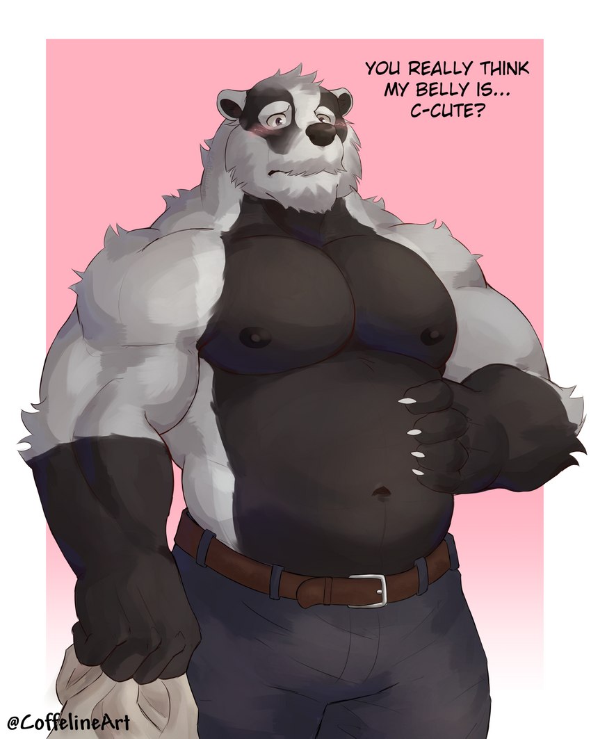 anthro belly belt blush bottomwear clothing holding_object male musclegut muscular nipples pants pecs shirtless solo text coffeline echo_(series) echo_project the_smoke_room nikolai_krol badger european_badger mammal meles mustelid musteline 4:5 english_text hi_res