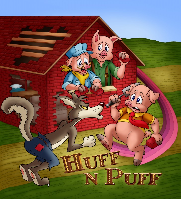 bed blue_eyes bottomless brick building clothed clothing eyewear furniture glasses group house kerchief pawpads pillow pink_body pink_skin shovel tools yellow_sclera tygerbug atari fairy_tales little_red_riding_hood_(copyright) oink!_(video_game) the_three_little_pigs big_bad_wolf bigelow_b._wolf canid canine canis domestic_pig mammal suid suine sus_(pig) wolf absurd_res hi_res