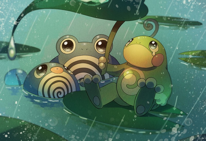 ambiguous_gender black_eyes blue_body feral green_body group holding_object leaf lily_pad looking_at_viewer looking_up partially_submerged plant pose raining sitting spiral water yukifuri_tsuyu nintendo pokemon amphibian generation_1_pokemon generation_2_pokemon pokemon_(species) politoed poliwag poliwhirl 2019 full-length_portrait hi_res portrait