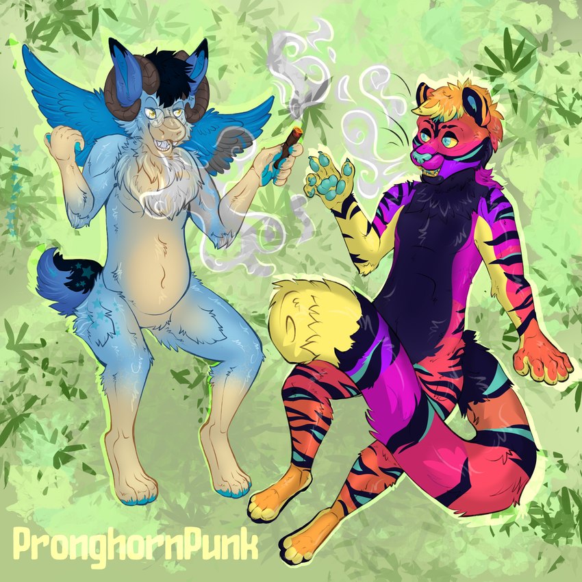 ambiguous_gender anthro claws drug_usage drugs duo featureless_crotch feet fur hair horn long_tail marijuana markings multicolored_body multicolored_fur nude open_mouth pawpads paws rainbow_body rainbow_fur simple_background smile smoke smoke_from_mouth smoke_from_nose smoking smoking_marijuana striped_markings stripes tail teal_nose teeth toes tongue tuft pronghornpunk dutch_angel_dragon felid mammal pantherine tiger 1:1 2024 absurd_res digital_media_(artwork) hi_res shaded simple_shading