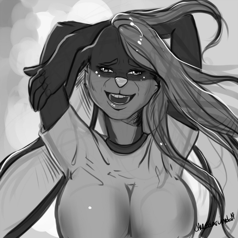 anthro big_breasts breasts clothed clothing female fur hair long_ears long_hair solo thesolarwinds vanessa_morrison_(vamoos) lagomorph leporid mammal rabbit 1:1 2019 digital_media_(artwork) greyscale hi_res monochrome sketch