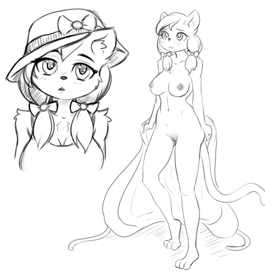 anthro areola breasts clothing eyebrows feet female fingers front_view fur genitals hair hat headgear headwear looking_at_viewer nipples pussy simple_background tail toes white_background alcorart conditional_dnp domestic_cat felid feline felis mammal 2024 hi_res sketch