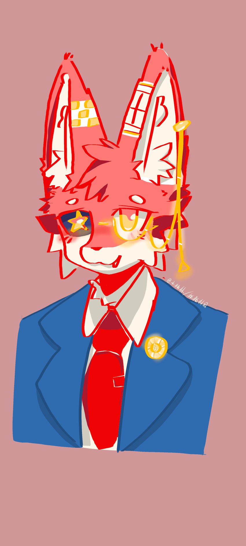 anthro black_sclera cheek_tuft circle_eyebrows clothed clothing eyebrows facial_tuft fangs fur inner_ear_fluff male mismatched_eyes necktie pointy_ears prick_ears red_body red_fur simple_background smile solo star_pupils suit teeth tuft bolin ace_attorney capcom mammal absurd_res bust_portrait hi_res portrait