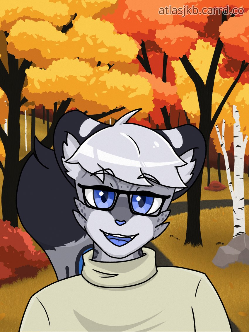 anthro autumn black_body black_fur blue_body blue_eyes blue_fur blue_mouth blue_tongue clothing dipstick_tail eyewear front_view fur glasses grey_body grey_fur hair leopard_spots looking_at_viewer male markings outside plant rock smile solo spots sweater tail tail_markings tongue topwear tree white_body white_fur white_hair atlas_jkb atlas_(atlas_jkb) felid mammal pantherine snow_leopard 3:4 hi_res portrait