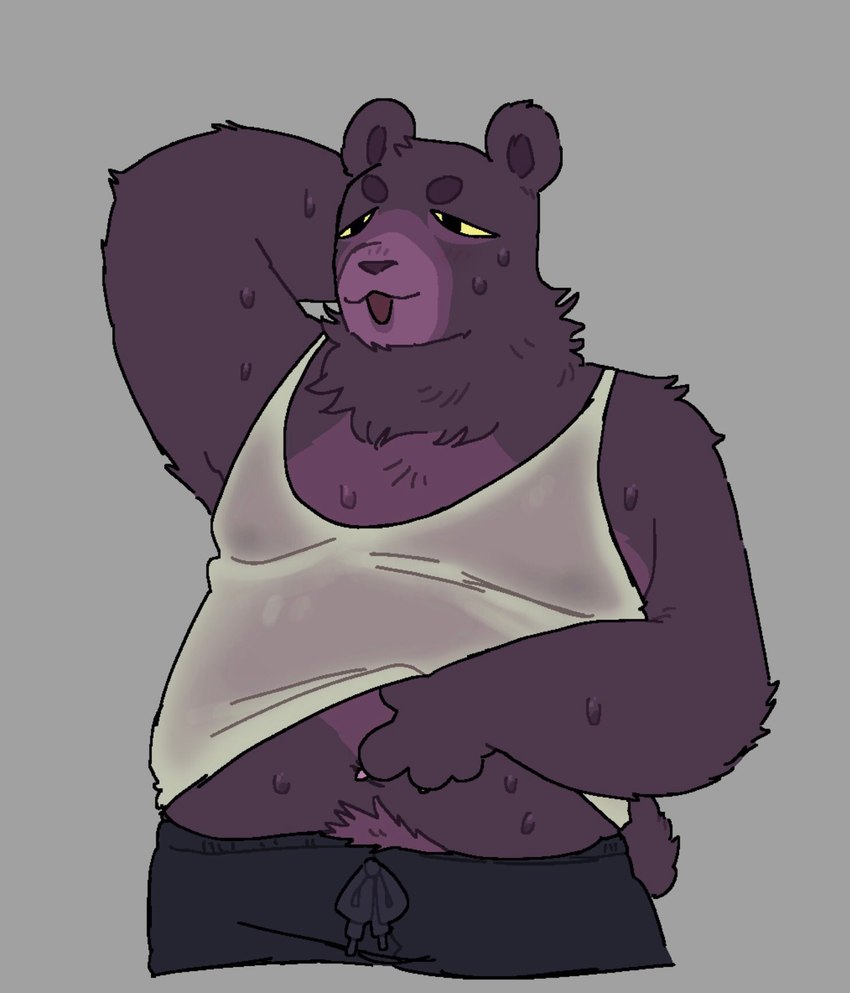 anthro bear_tail bodily_fluids bottomwear claws clothed clothing drawstring_bottomwear droopy_eyes exposed_belly eyebrows fur hand_behind_head hand_on_belly male neck_tuft overweight pants pubes purple_body purple_fur raised_clothing raised_shirt raised_tank_top raised_topwear shirt solo sweat sweatpants sweaty_body sweaty_chest sweaty_face tail tank_top tongue tongue_out topwear tuft yellow_eyes kewpiekills marsh_(kewpiekills) bear mammal hi_res