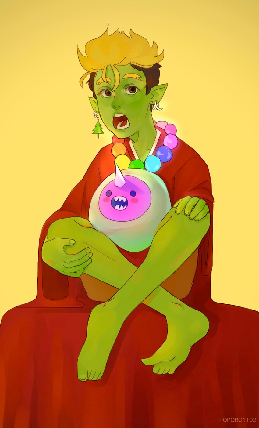 adolescent ambiguous_gender barefoot blonde_hair clothed clothing ear_piercing feet fully_clothed green_body green_skin hair jewelry necklace not_furry piercing plushie solo young poporo_1102 drawfee_(copyright) drawtectives gyorik_rogdul humanoid orc hi_res