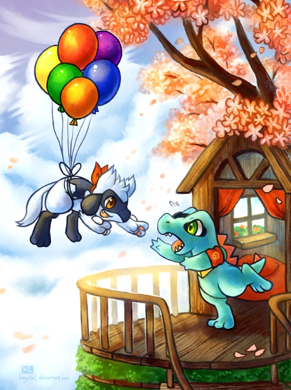 ambiguous_gender anthro attached_to_balloon balloon balloon_support blue_body blue_fur blue_skin cloud duo feral flying fur green_eyes hanging_from_balloon inflatable inflatable_support orange_eyes outside plant sky tree haychel nintendo pokemon pokemon_mystery_dungeon spike_chunsoft fan_character leon_(haychel) vagus_(haychel) canid canine generation_2_pokemon generation_4_pokemon mammal pokemon_(species) riolu totodile digital_media_(artwork) hi_res