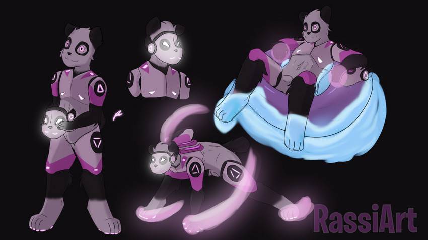 anthro armor black_body black_fur fur glowing glowing_eyes glowing_paws machine male pawpads paws pink_eyes power_armor protopanda solo water white_body white_fur rassiart squishy_the_panda bear giant_panda mammal protogen 16:9 hi_res widescreen