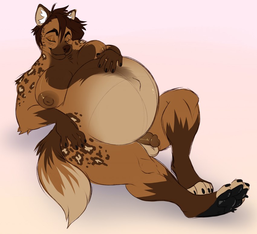 anthro areola balls barefoot belly big_belly big_moobs big_nipples black_nails black_pawpads blush blush_lines brown_body brown_fur brown_hair brown_nose brown_penis circumcised colored_nails eyes_closed feet flaccid fur genitals hair hand_on_belly happy inner_ear_fluff lying male moob_squish moobs nails navel nipples nude on_back outie_navel pawpads penis pregnant pregnant_anthro pregnant_male puffy_nipples ready_to_pop resting smile solo tan_balls thick_thighs tuft wide_hips nastypasty hyena mammal spotted_hyena