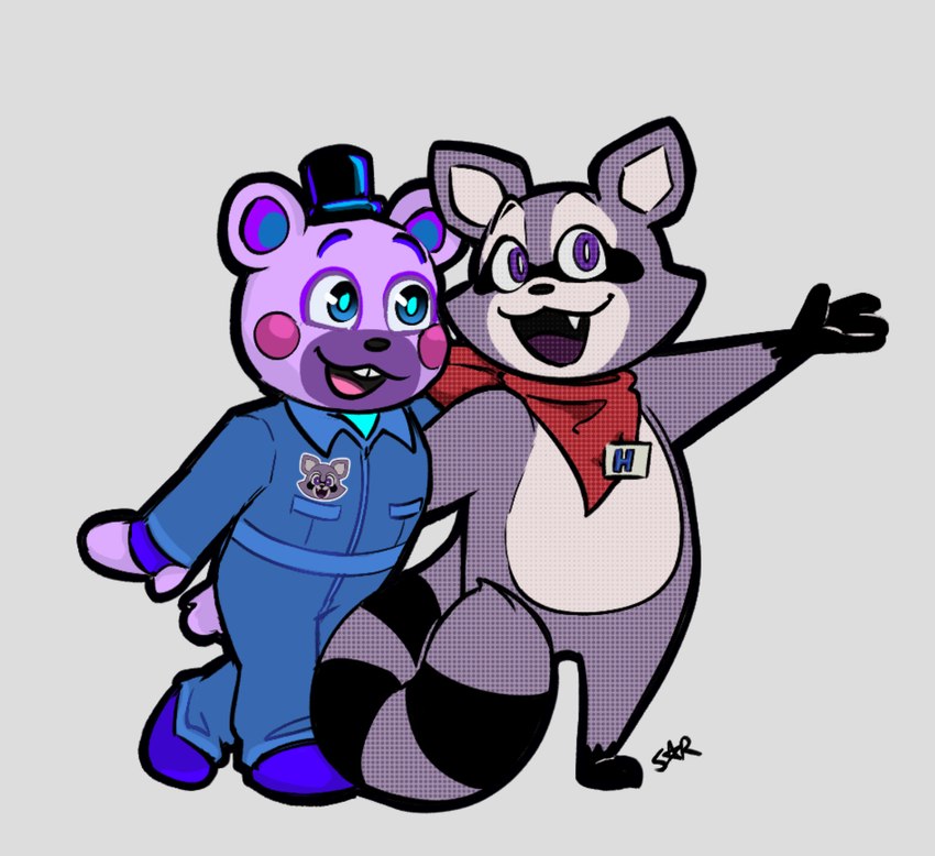 anthro clothed clothing duo fangs fingers hat headgear headwear male mostly_nude open_mouth open_smile scarf scarf_only simple_background smile teeth tongue vhs_star five_nights_at_freddy's five_nights_at_freddy's:_security_breach five_nights_at_freddy's:_security_breach_ruin indigo_park scottgames steel_wool_studios helpi_(fnaf) rambley_raccoon bear mammal procyonid raccoon 2024 crossover digital_media_(artwork) hi_res