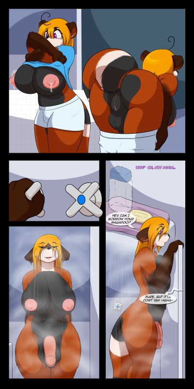 anthro balls bent_over big_breasts bodily_fluids breasts butt clothing genitals herm intersex lactating penis pussy shower solo text undressing cainesart raina_(cainesart) ailurid mammal red_panda 1:2 absurd_res comic english_text hi_res