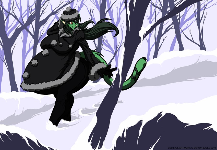 anthro belly big_belly big_breasts bottomwear breasts clothing coat female fur gloves green_body green_fur green_hair hair handwear hat headgear headwear huge_belly orange_eyes pants plant pregnant pregnant_anthro pregnant_female snow solo topwear tree winter winter_clothing winter_coat winter_hat deonwolf cecilia_(deonwolf) domestic_cat felid feline felis mammal 2010