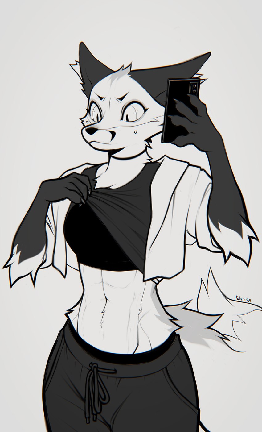 anthro cellphone cheek_piercing clothed clothing dimple_piercing electronics facial_piercing female fully_clothed fur gloves_(marking) head_tuft holding_cellphone holding_object holding_phone inner_ear_fluff markings midriff phone piercing simple_background solo tuft falvie the_fox_(falvie) canid canine fox mammal 2024 absurd_res digital_media_(artwork) hi_res monochrome