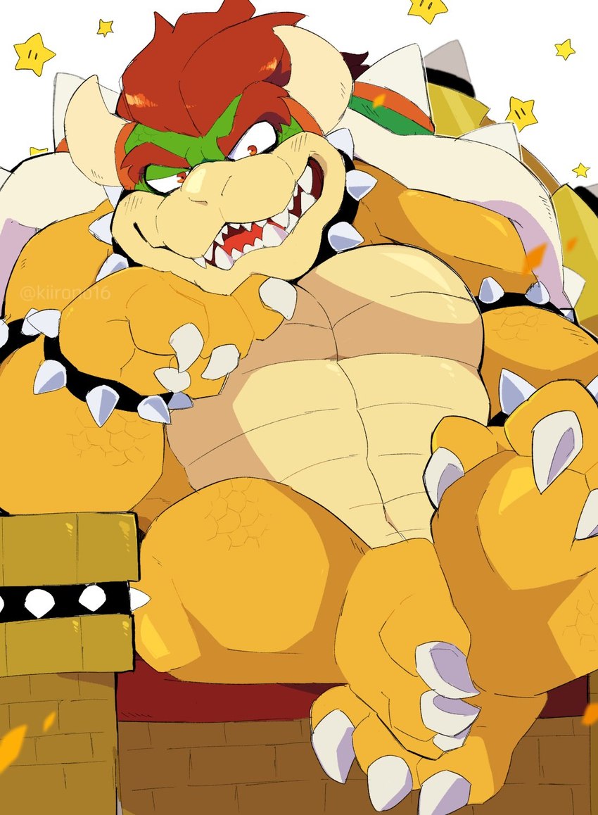 anthro chair claws furniture hair horn looking_at_viewer male red_eyes red_hair sitting solo teeth kiirono mario_bros nintendo bowser koopa scalie hi_res