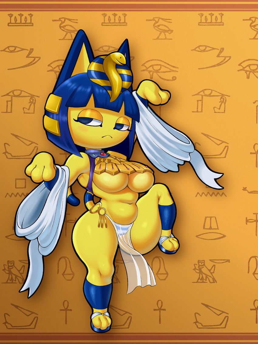 anthro big_breasts breasts camel_toe clothing cosplay female frown hieroglyphics one_leg_up panties pattern_background pattern_clothing pattern_underwear raised_leg simple_background solo striped_clothing striped_underwear stripes under underwear sleepiitreat animal_crossing nintendo queen's_blade ankha_(animal_crossing) menace_(queen's_blade) domestic_cat felid feline felis mammal 3:4 absurd_res hi_res