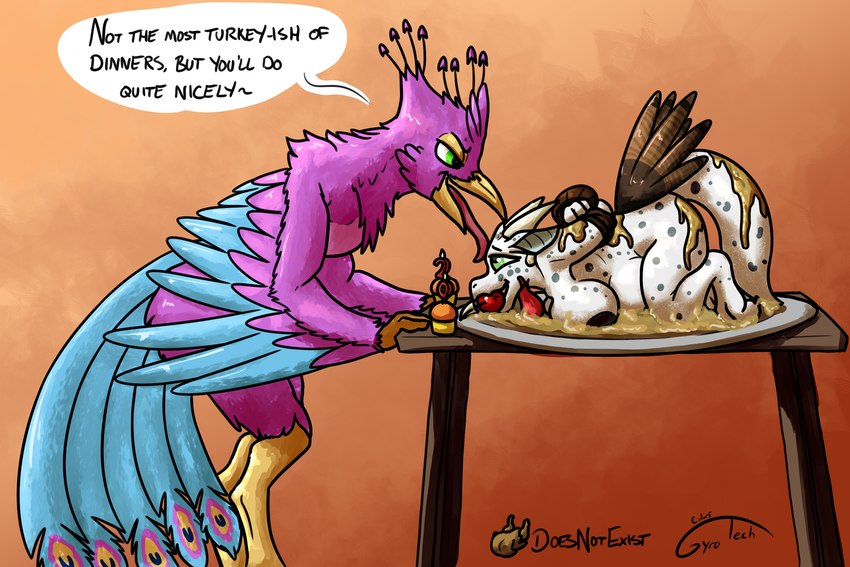 anthro avian_feet bdsm beak black_nipples breast_squish breasts cooking_with_furs feathers feet female fingers furniture green_eyes horn imminent_death male multicolored_body nipples non-mammal_nipples open_beak open_mouth orange_beak pink_tongue plate purple_body squish table tail tail_feathers tan_horn text toes tongue tongue_out white_body willing_prey wings doesnotexist gyrotech mythology avian bird dragon mythological_creature mythological_scalie scalie 3:2 english_text hi_res