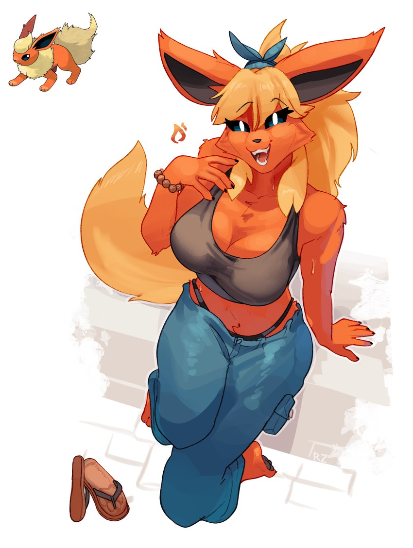 anthro barefoot big_breasts breasts clothed clothing feet female fur hair orange_body pawpads paws simple_background soles solo tail rz54 nintendo pokemon canid eeveelution flareon generation_1_pokemon mammal pokemon_(species) absurd_res hi_res