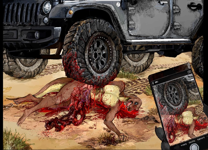 anthro blood blood_from_mouth blood_in_mouth blood_on_face blood_on_tire bodily_fluids car car_accident death death_focus electronics entrails gore grotesque_death guts holding_object holding_phone killing male nude organs pain phone ran_over recording roadkill snuff solo vehicle jeffusherb jeep lizard reptile scalie