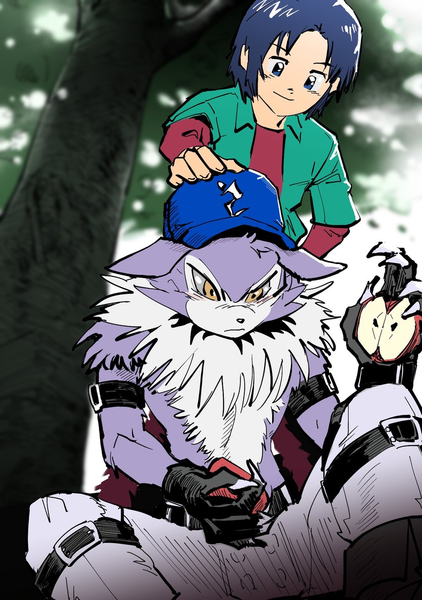 anthro apple arm_strap belt black_hair bottomwear clothing duo food fruit fur grey_body grey_fur hair hat headgear headwear male pants plant oh_sorry_02 bandai_namco digimon koji_minamoto digimon_(species) human mammal strabimon hi_res