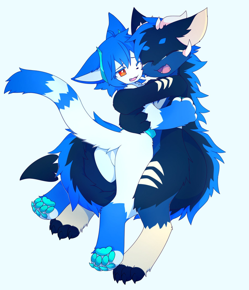 4_fingers 4_toes abstract_background ahoge amber_eyes anthro biped blue_body blue_claws blue_fur blue_hair blue_pawpads blue_tail blush claws daww duo eyes_closed face_to_face feet femboy fingers fur hair hand_on_back happy hug kemono male male/male monotone_hair multicolored_body multicolored_fur nude one_eye_closed open_mouth pawpads raised_tail shy simple_background smile tail tail_around_leg toes two_tone_body two_tone_fur two_tone_tail white_background white_body white_fur white_tail young young_anthro devil-vox azure_(colonelcraft) devy_(devil-vox) domestic_cat felid feline felis mammal 2019 digital_drawing_(artwork) digital_media_(artwork) hi_res