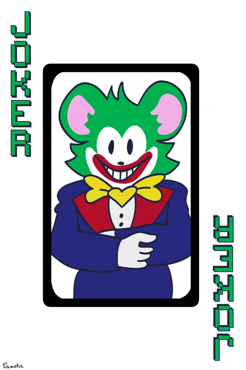 anthro blank_expression bow_tie card clothing clown fur gloves green_body green_fur handwear joker_(playing_card) makeup male playing_card poker solo suit white_clothing white_gloves white_handwear conditional_dnp pawsta balatro mammal murid murine rat rodent 2:3 absurd_res hi_res