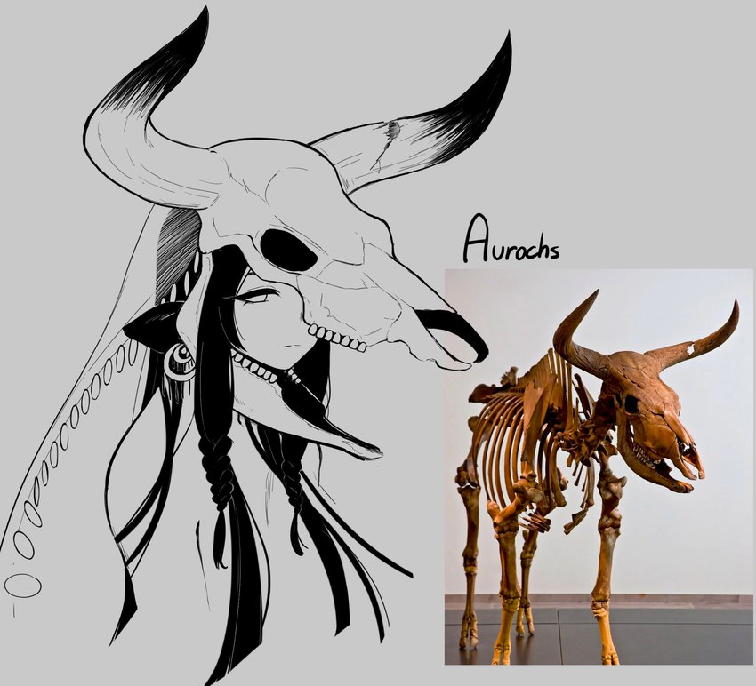 black_ears bone ear_piercing ear_ring female hair half-closed_eyes horn long_hair looking_at_viewer narrowed_eyes piercing reference_image ring_piercing skeleton skull skull_hat solo ushiji animal_humanoid bovid bovid_humanoid bovine bovine_humanoid cattle_humanoid humanoid mammal mammal_humanoid 2022 hi_res